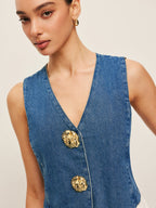 Tailored Denim Button-Up Vest