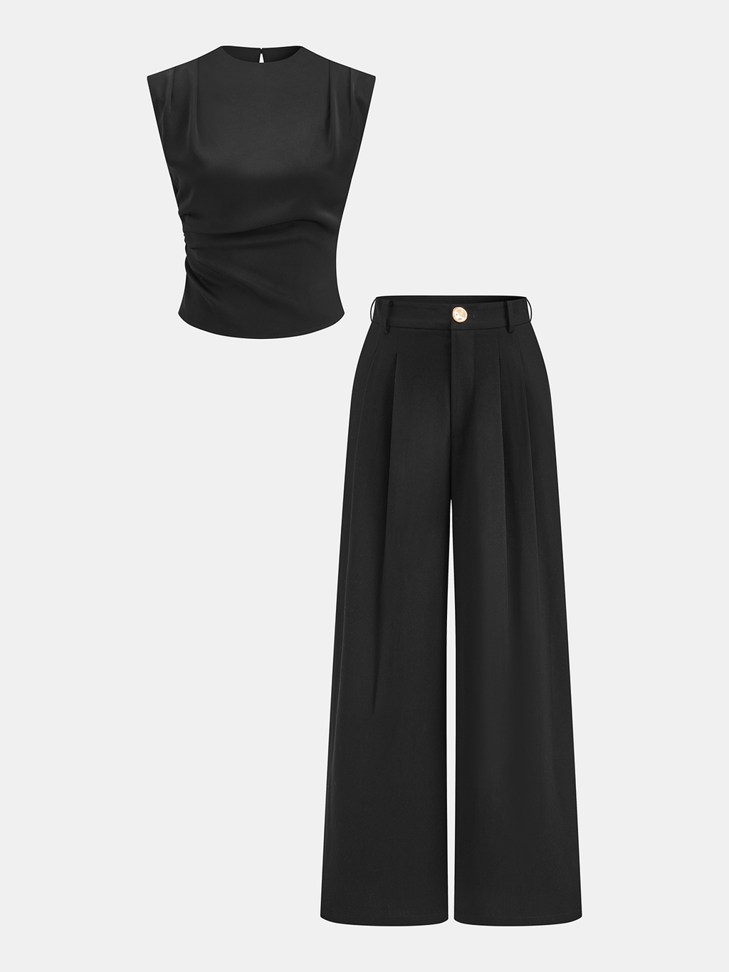 Conjunto de Top Fruncido Sin Mangas y Pantalón Plisado