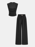 Conjunto de Top Fruncido Sin Mangas y Pantalón Plisado