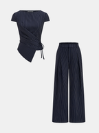 Conjunto de Top Cruzado Anudado y Pantalón Ancho de Raya Diplomática