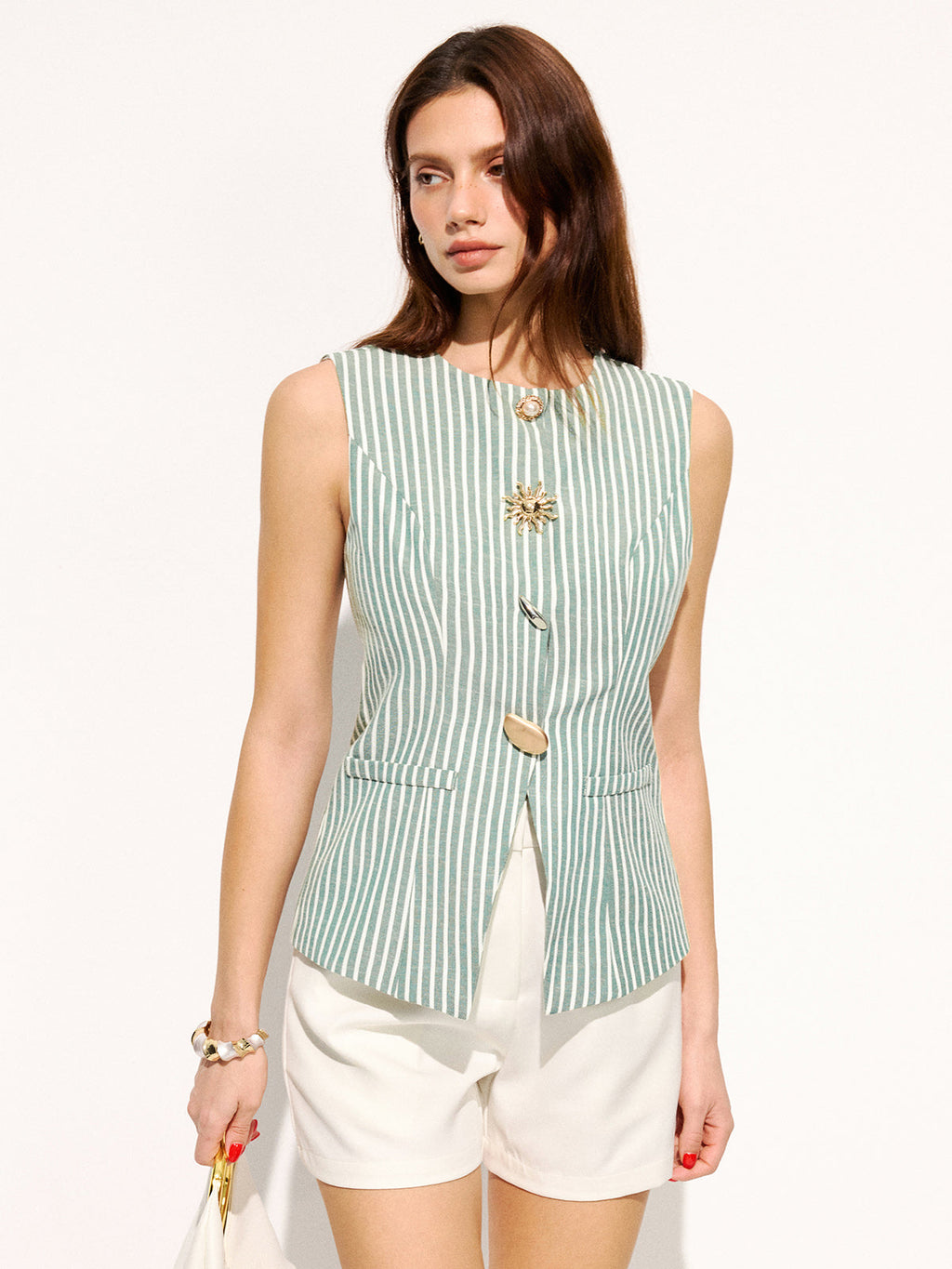 Cotton Blend Striped Sleeveless Vest
