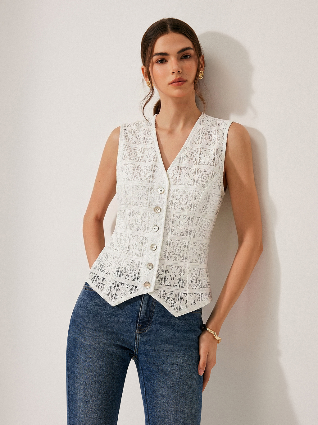 Lace V-Neck Buttoned Vest