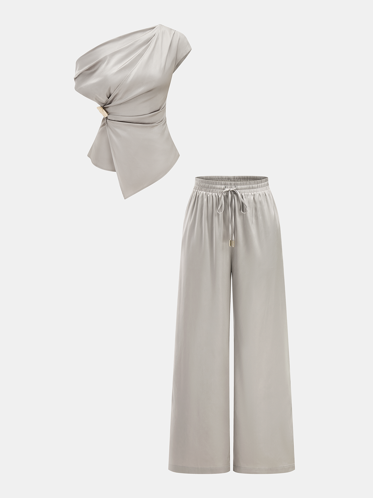 Conjunto de Top de Satén de Un Hombro y Pantalón con Cordón