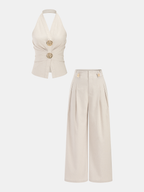Conjunto de Top Halter Fruncido y Pantalón de Lino