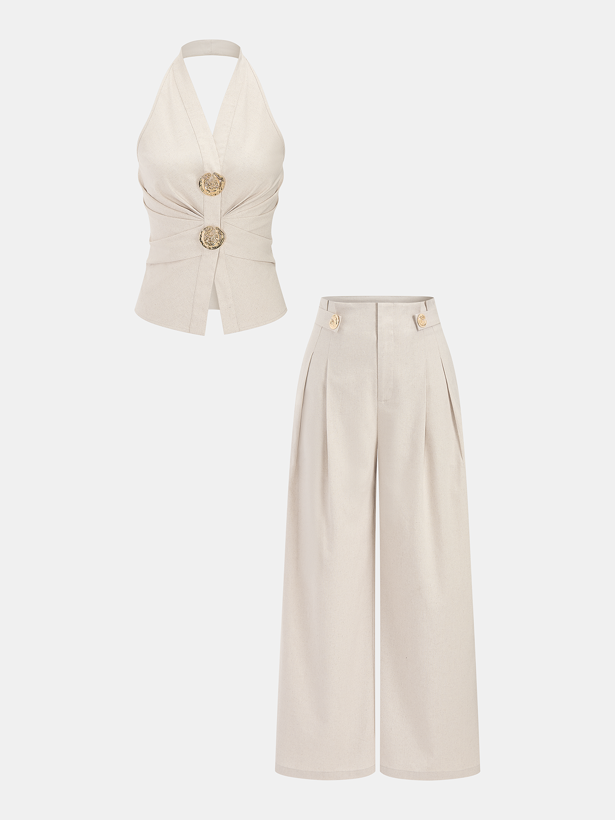 Conjunto de Top Halter Fruncido y Pantalón de Lino