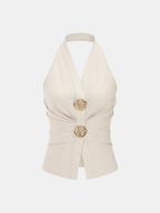 Conjunto de Top Halter Fruncido y Pantalón de Lino
