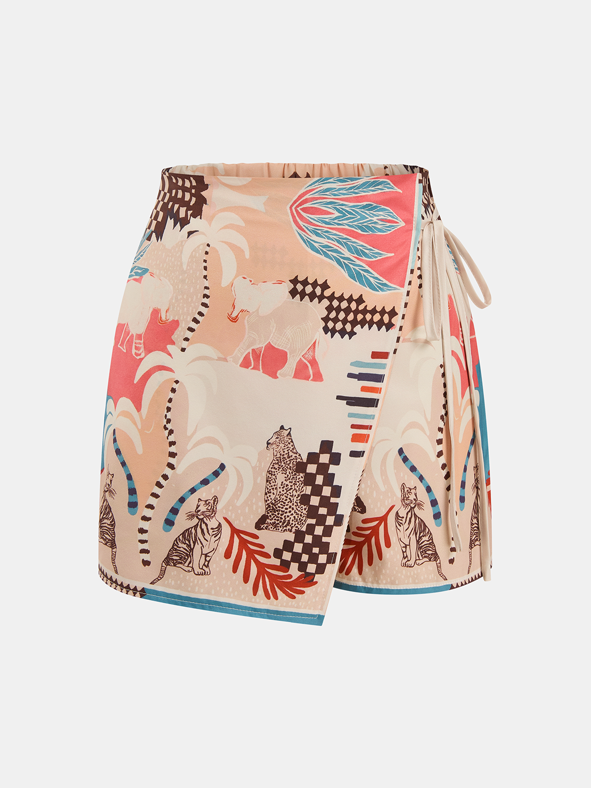Falda Short Cruzada con Cintura Anudada y Estampado Animal