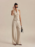 Conjunto de Top Halter Fruncido y Pantalón de Lino