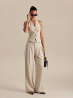 Conjunto de Top Halter Fruncido y Pantalón de Lino
