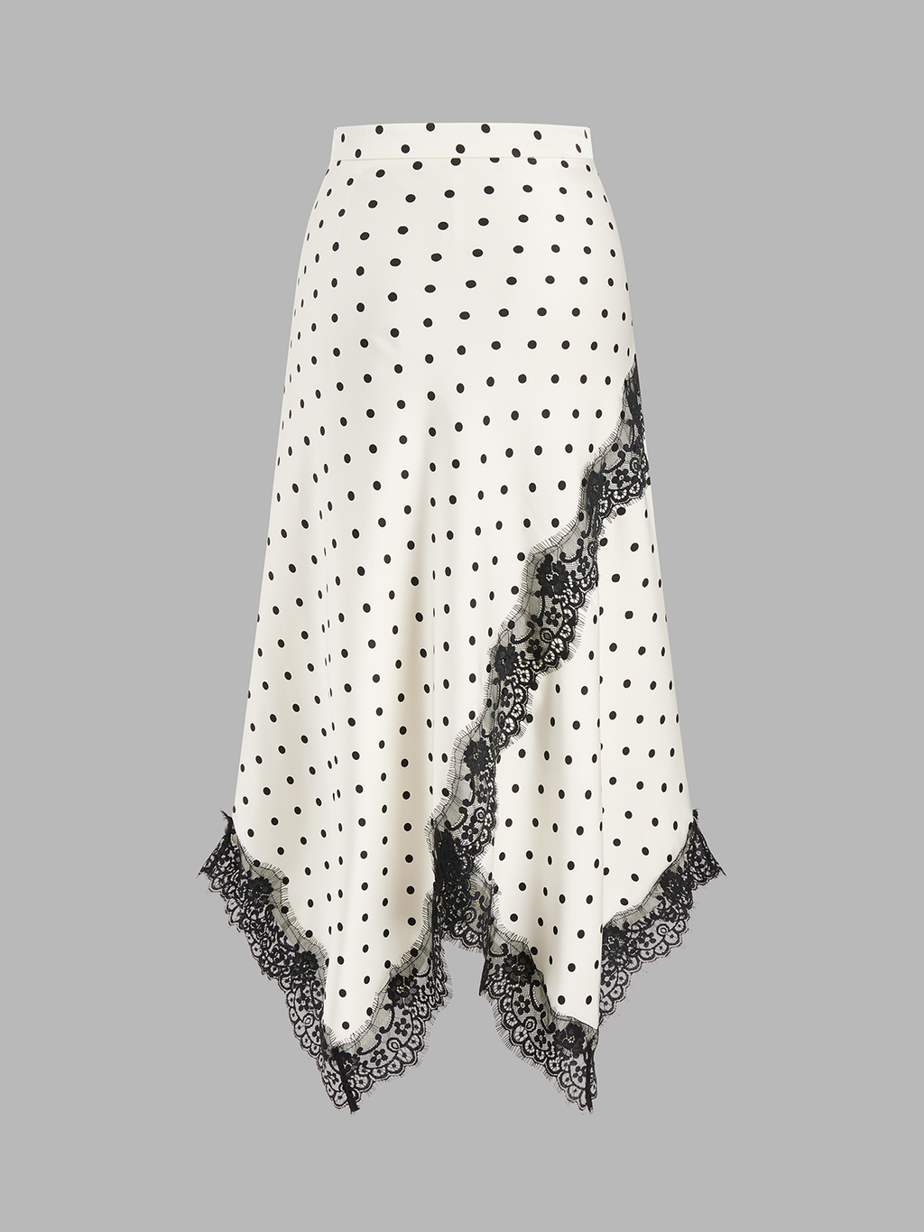 Falda Midi Asimétrica de Lunares con Ribete de Encaje