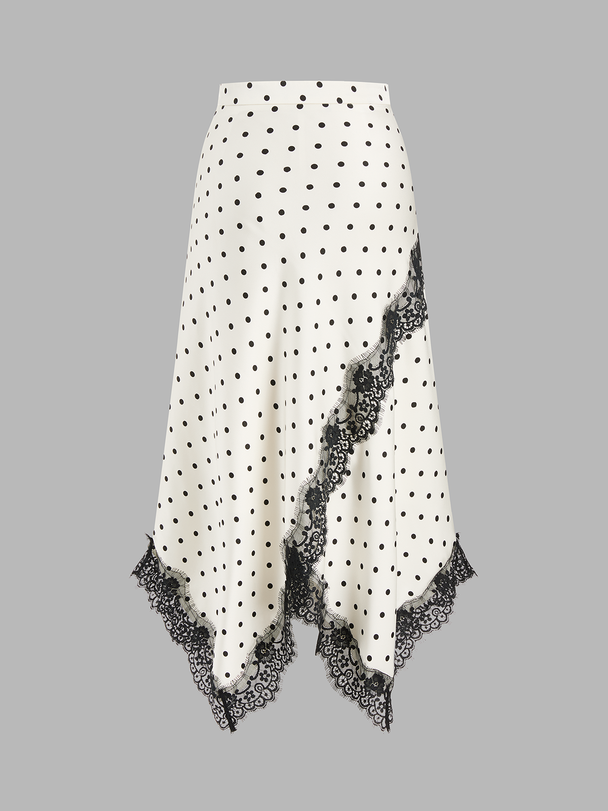 Falda Midi Asimétrica de Lunares con Ribete de Encaje