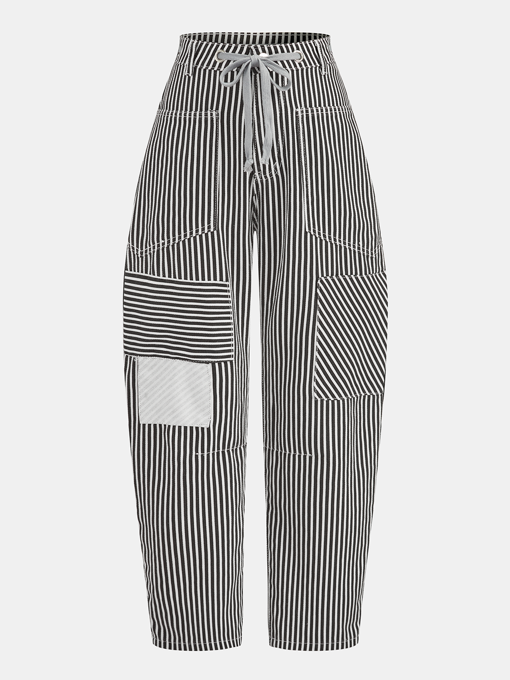 Pantalón Barril a Rayas con Patchwork y Cordón