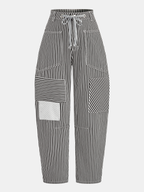 Pantalón Barril a Rayas con Patchwork y Cordón