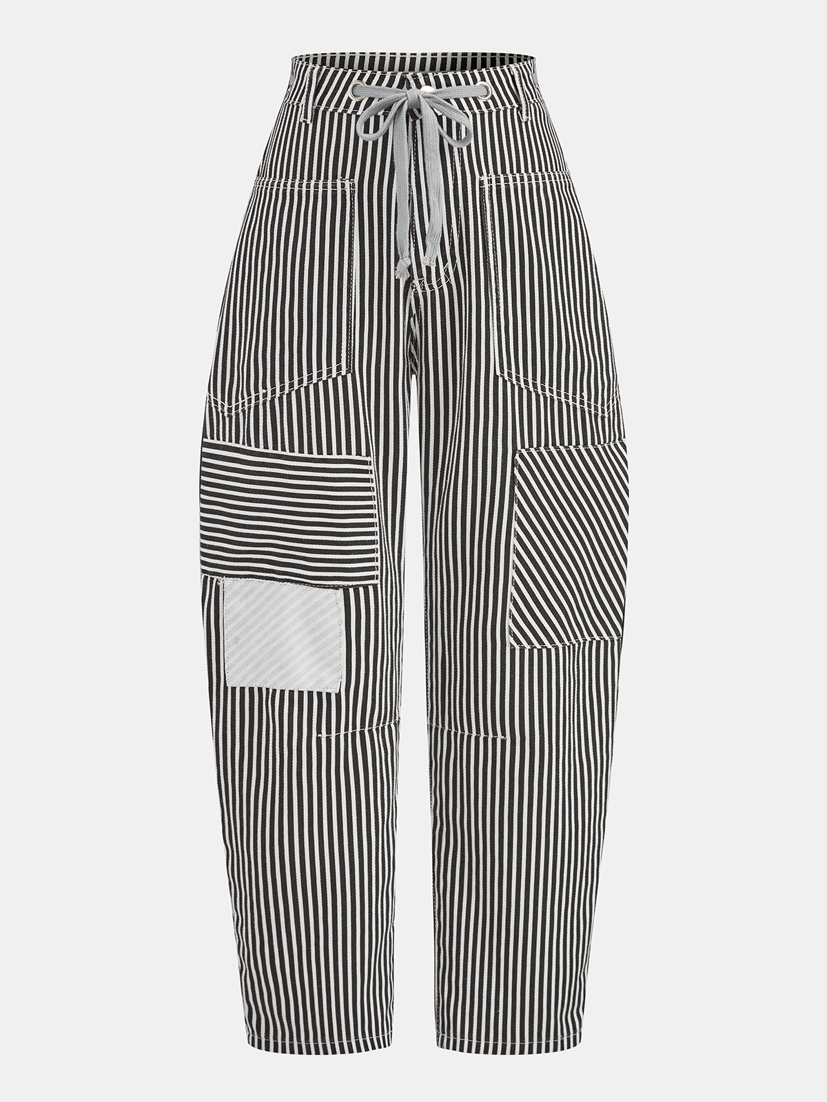 Pantalón Barril a Rayas con Patchwork y Cordón