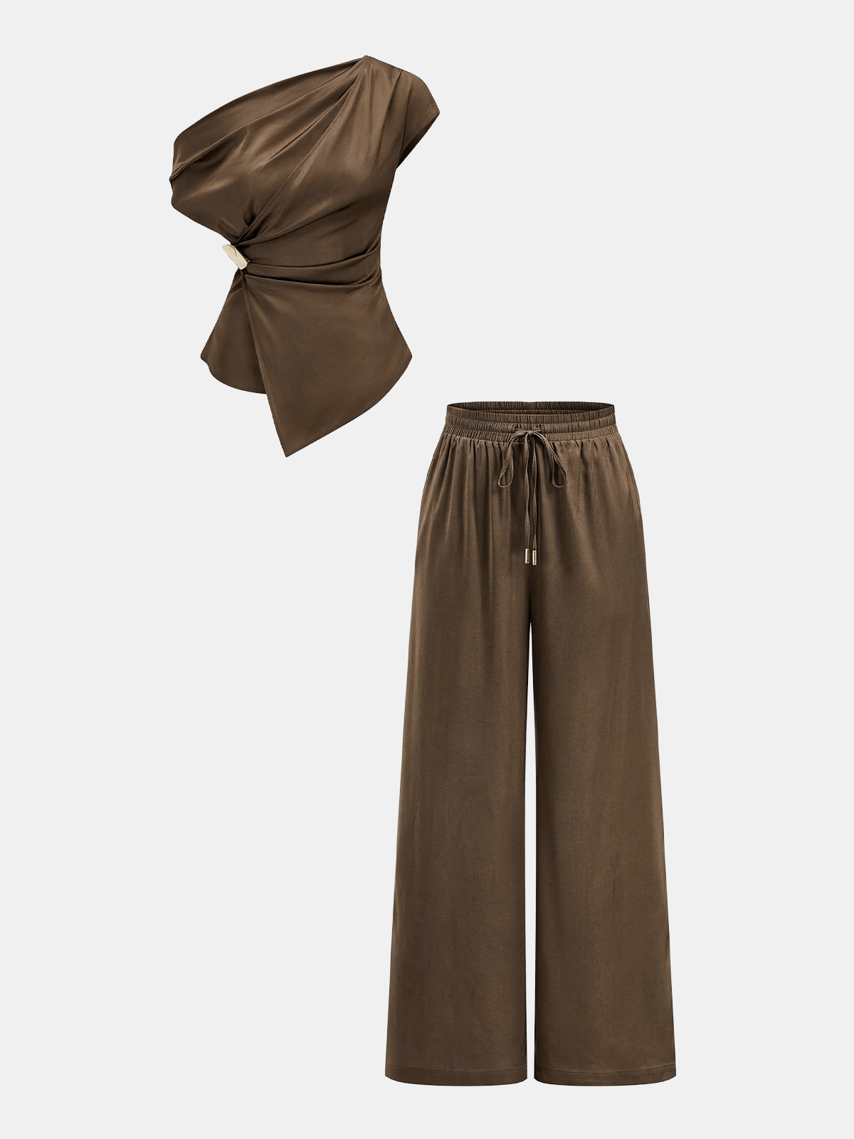 Conjunto de Top de Satén de Un Hombro y Pantalón con Cordón