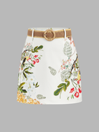 Minifalda con Estampado Floral y de Pájaros con Cinturón