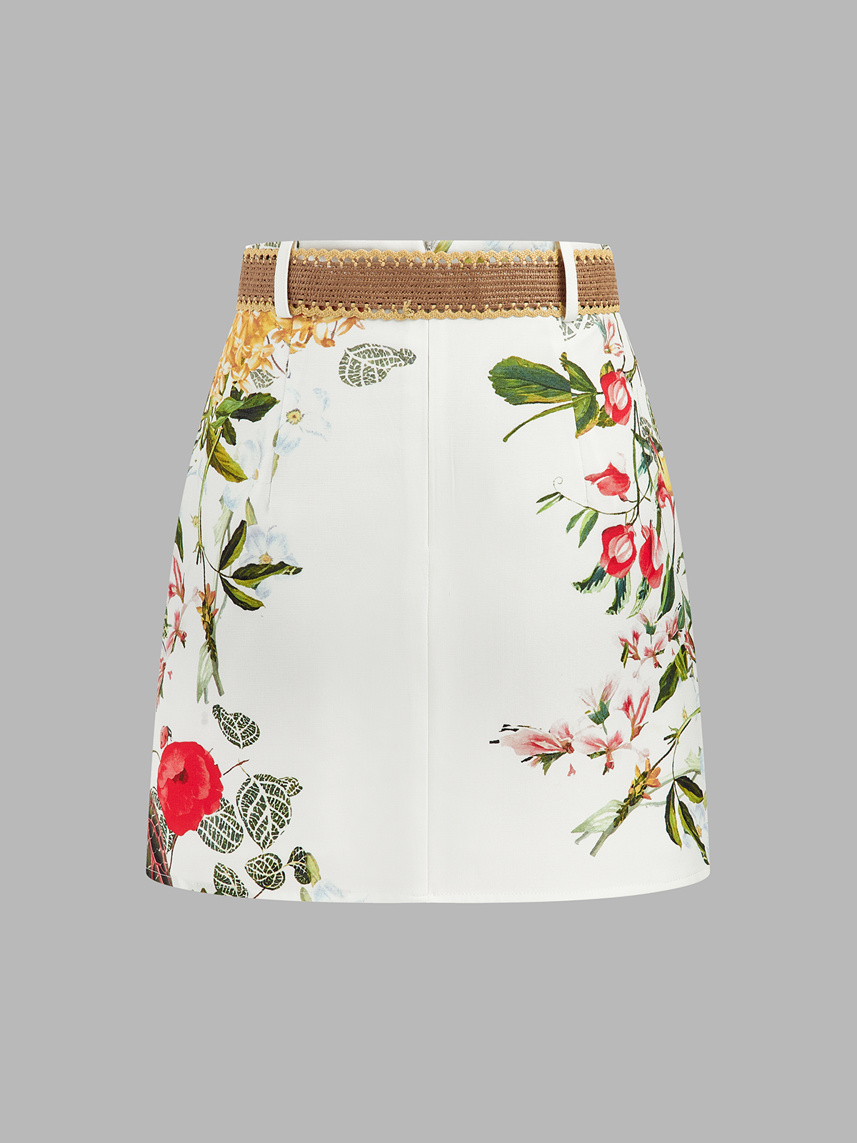 Minifalda con Estampado Floral y de Pájaros con Cinturón