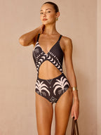 Cutout Palm Tree Print One Piece Swimsuit