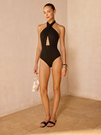 Criss Cross Halter Belted One Piece Swimsuit