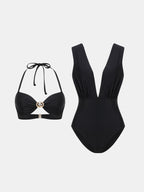 Convertible Metal Buckle Deep V One Piece Swimsuit