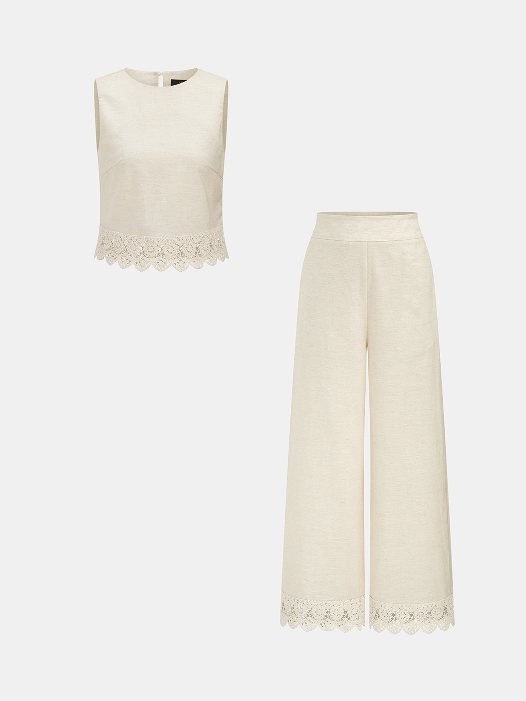 Conjunto de Dos Piezas de Lino y Algodón con Ribete de Encaje y Pantalón