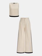 Conjunto de Pantalón de Lino y Algodón con Cremallera y Ribete de Contraste