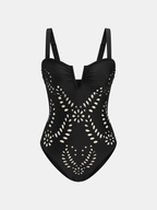 Perforated One Piece Swimsuit & Skirt Set