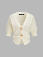 Decorative Sun Button Short Sleeve Knit Cardigan