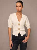 Decorative Sun Button Short Sleeve Knit Cardigan