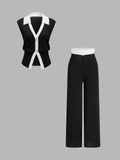Conjunto de Chaleco de Punto con Ribete de Contraste y Pantalón