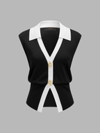 Conjunto de Chaleco de Punto con Ribete de Contraste y Pantalón