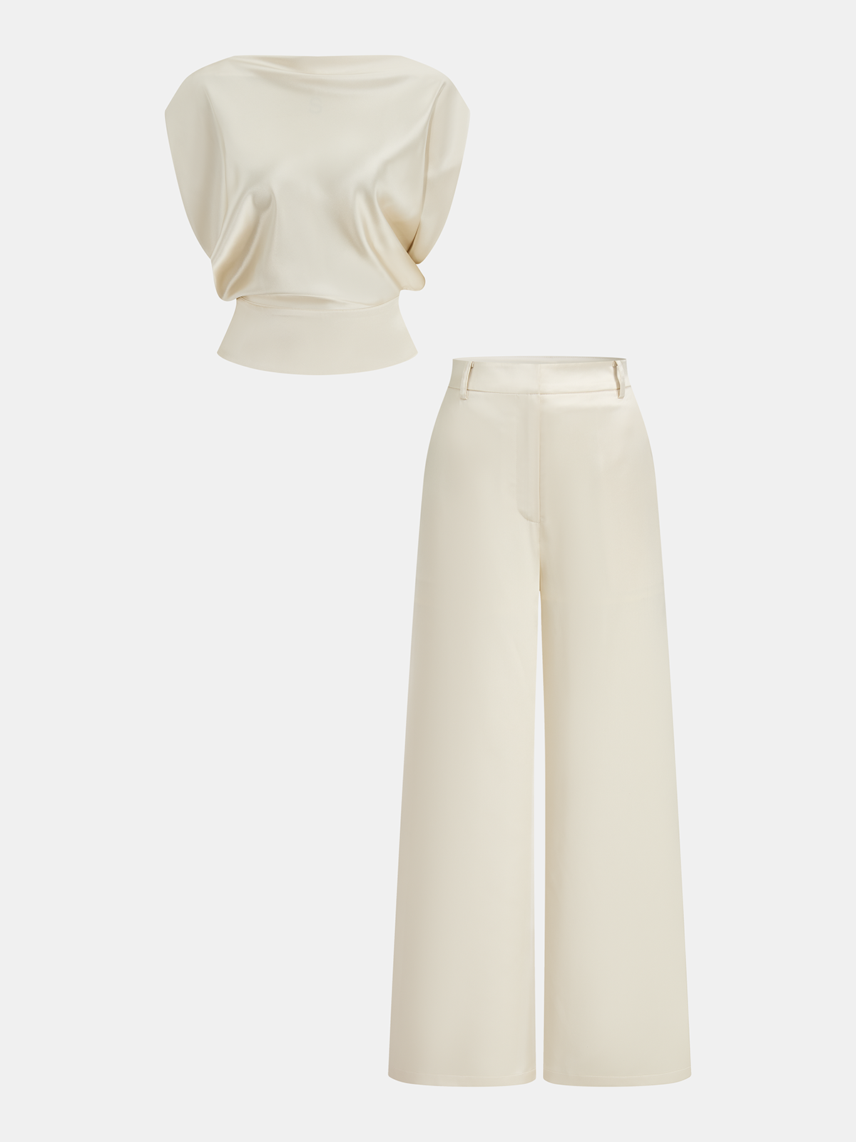 Conjunto de Top Drapeado de Satén y Pantalón Ancho