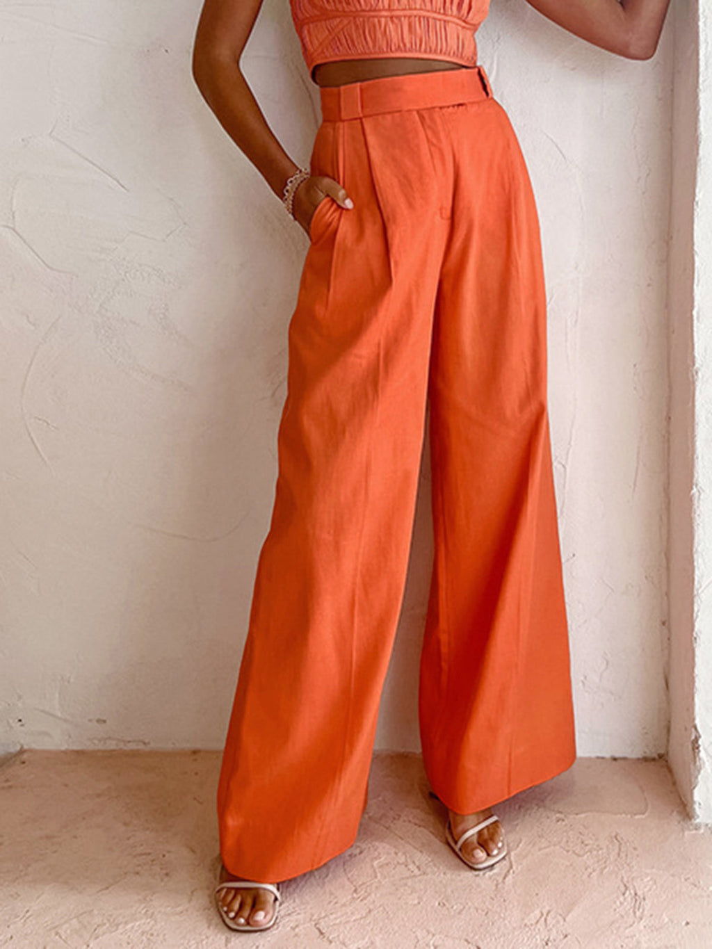 Pantalón Ancho de Lino y Algodón Color Vitamina C, Corte Relajado