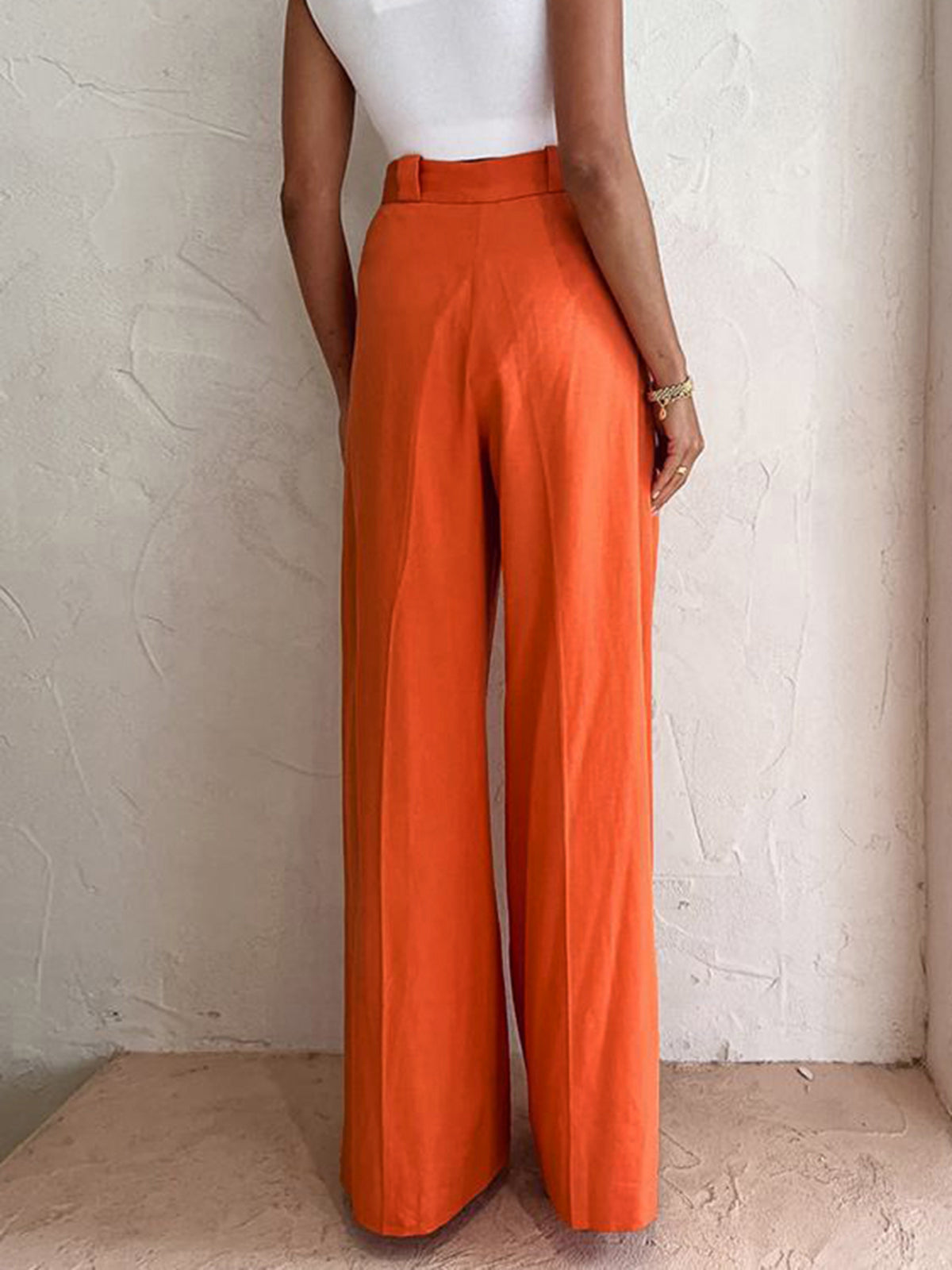 Pantalón Ancho de Lino y Algodón Color Vitamina C, Corte Relajado