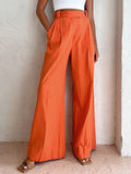 Pantalón Ancho de Lino y Algodón Color Vitamina C, Corte Relajado