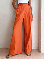 Pantalón Ancho de Lino y Algodón Color Vitamina C, Corte Relajado