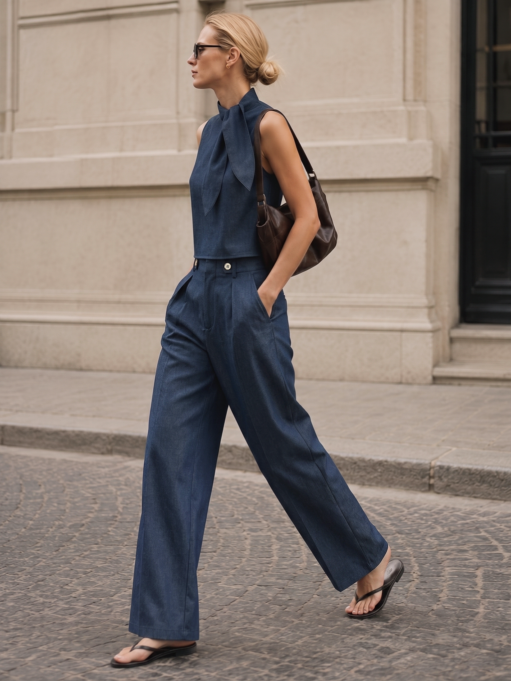 Conjunto de Blusa Sin Mangas con Cuello Anudado y Pantalón