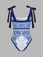Tie-Strap Printed One-Piece Swimsuit & Skirt Set
