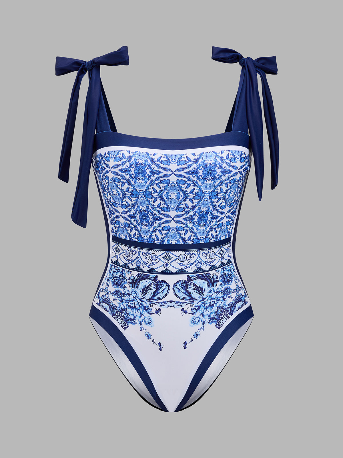 Tie-Strap Printed One-Piece Swimsuit & Skirt Set