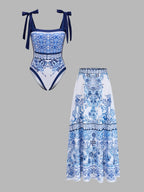 Tie-Strap Printed One-Piece Swimsuit & Skirt Set