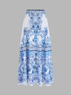 Tie-Strap Printed One-Piece Swimsuit & Skirt Set