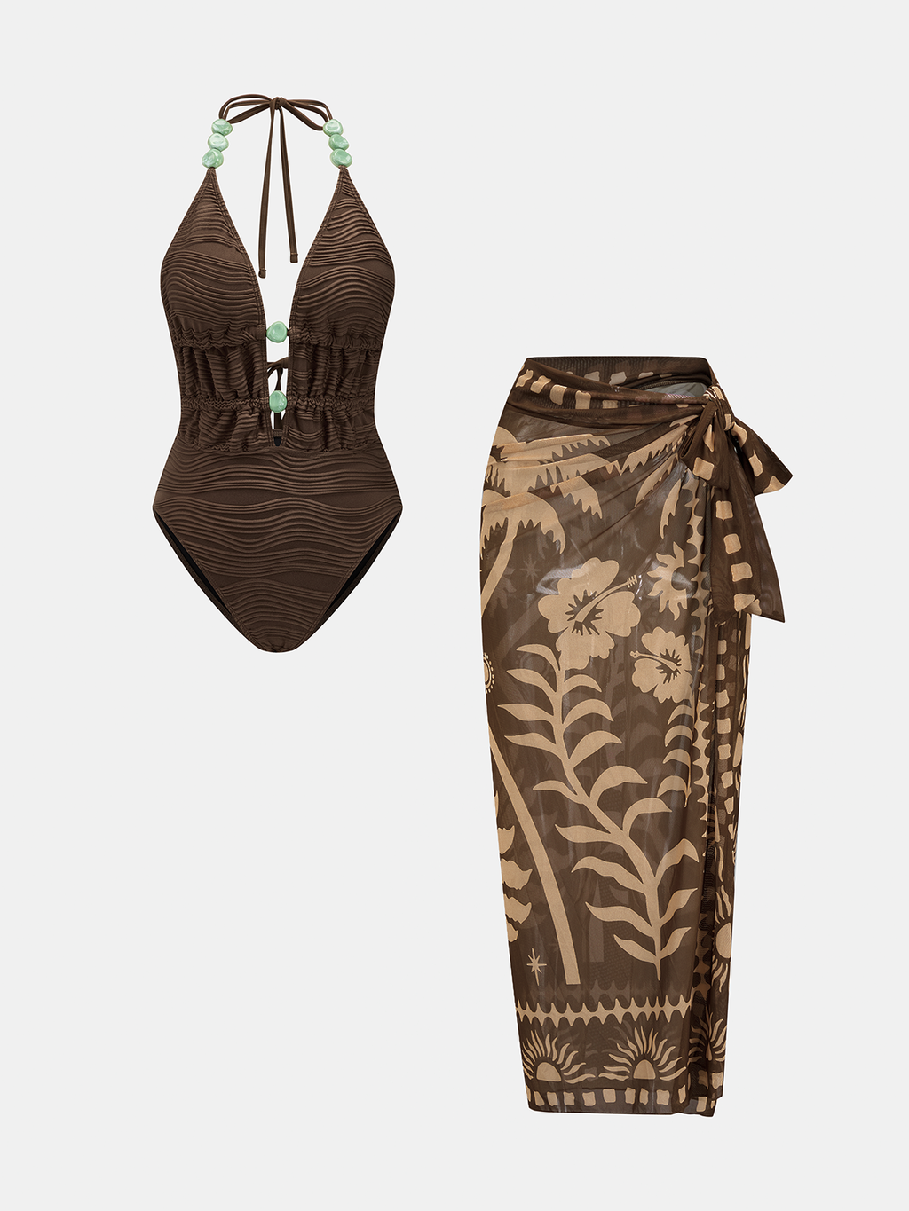 Beaded Textured One Piece Swimsuit & Sarong Set