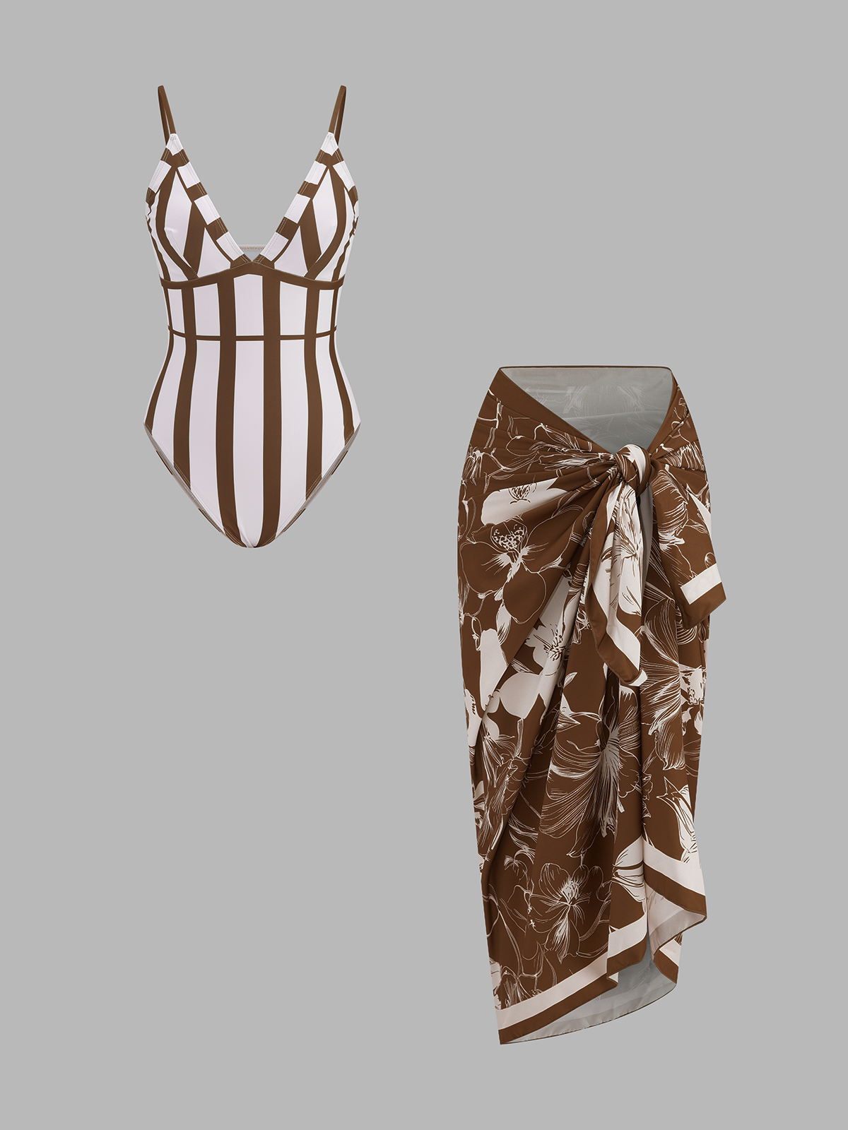 Striped One-Piece Swimsuit & Sarong Set
