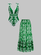 Botanical Print One Piece Swimsuit & Skirt Set