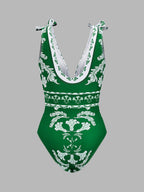 Botanical Print One Piece Swimsuit & Skirt Set