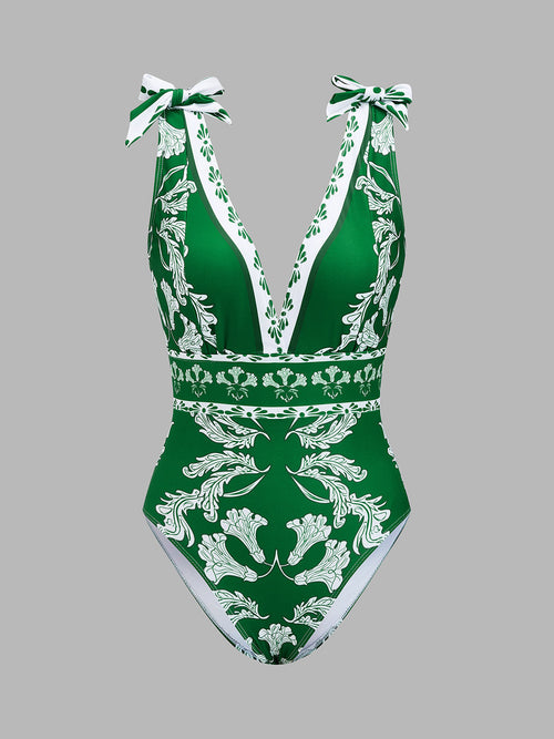 Botanical Print One Piece Swimsuit & Skirt Set