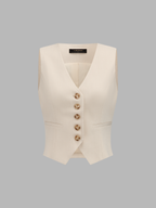Conjunto de Chaleco Corto Entallado Cuello en V con Botones y Pantalón Ancho