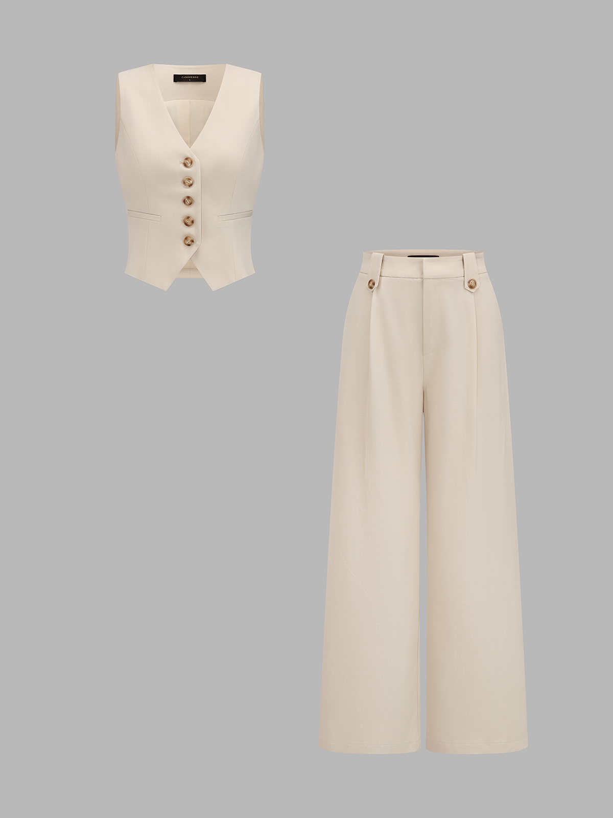 Conjunto de Chaleco Corto Entallado Cuello en V con Botones y Pantalón Ancho
