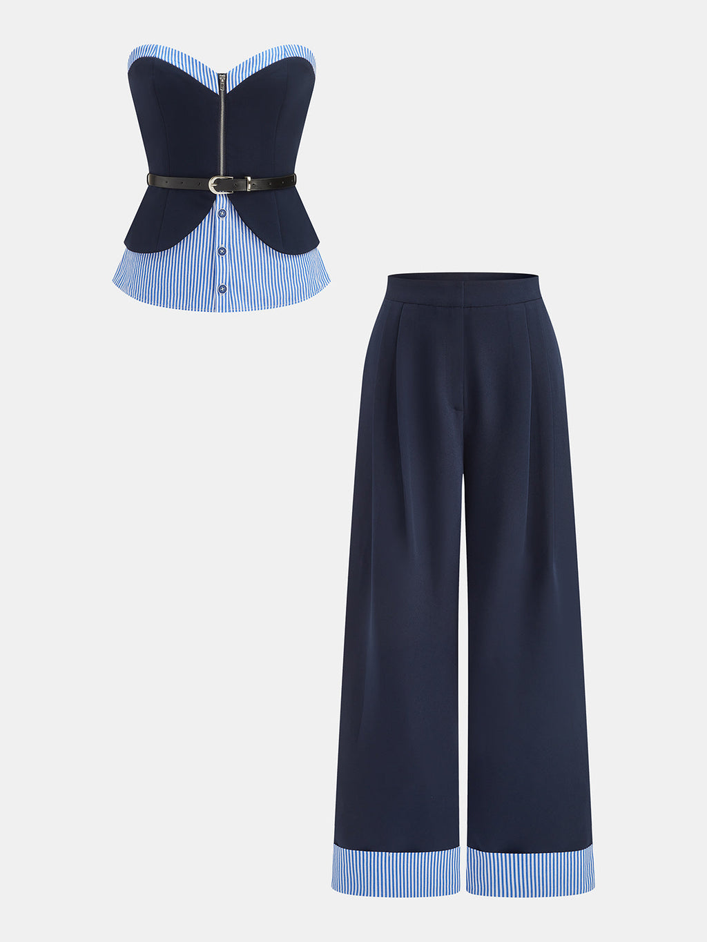 Conjunto de Top Sin Tirantes a Rayas con Patchwork, Cinturón y Pantalón