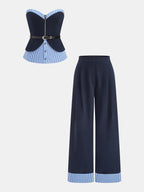 Conjunto de Top Sin Tirantes a Rayas con Patchwork, Cinturón y Pantalón